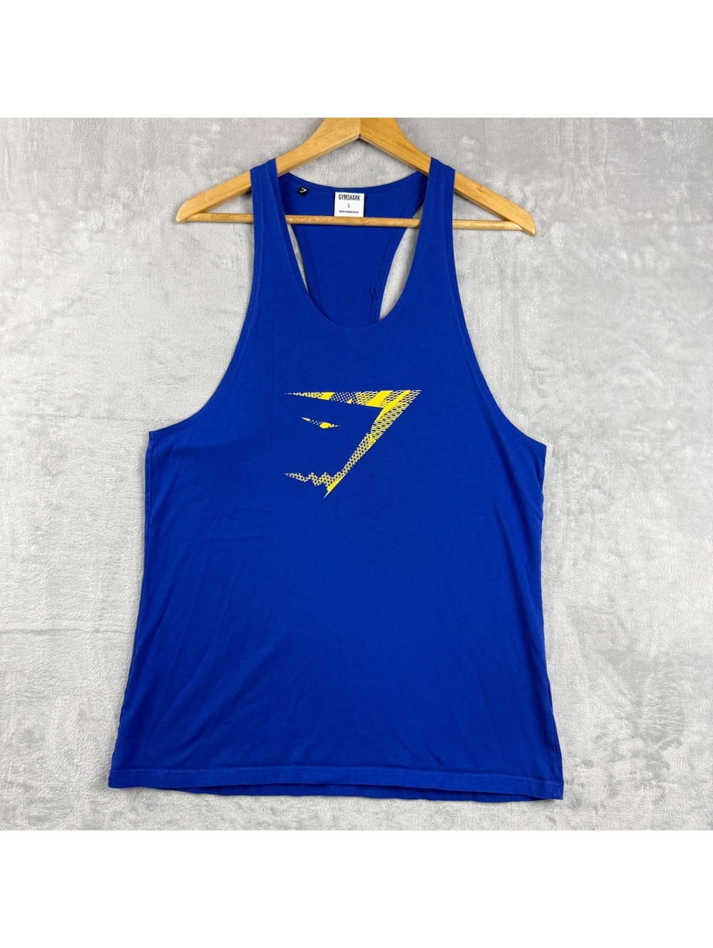 Gymshark Men’s L Blue Yellow Graphic Stringer Tank Top Bodybuilding Gym Fitness